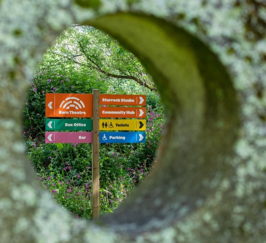 Colourful signage pointing the way to the Barn Theatre, Box Office and Bar